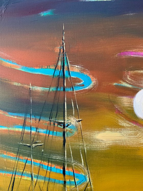 Big Vertical painting - "Orange sunset" - Boat - Sailboat - Seascape - Ocean - Sunset