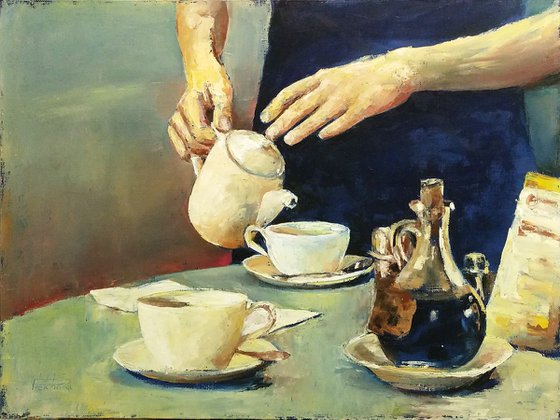 Tea time - still life with dishes, teapot and gentle touch