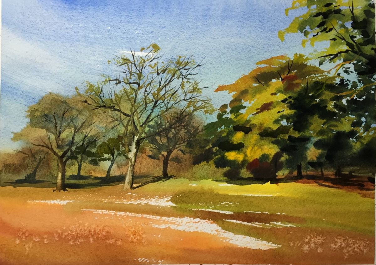 Impressionistic Landscape Watercolour By Jing Chen, 15 X 11, Drift, Original Artwork