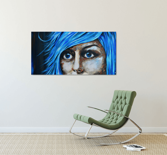 Blue Fear - XXL Original New Contemporary Art Painting Portrait on Large Canvas Ready to Hang