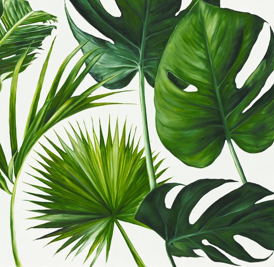 Big oil painting with palm and monstera leaves 100*120 cm