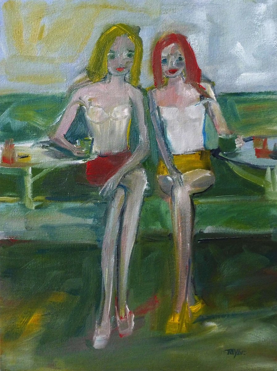 CAFE SIT TWO GIRLS DRINKS. by Tim Taylor