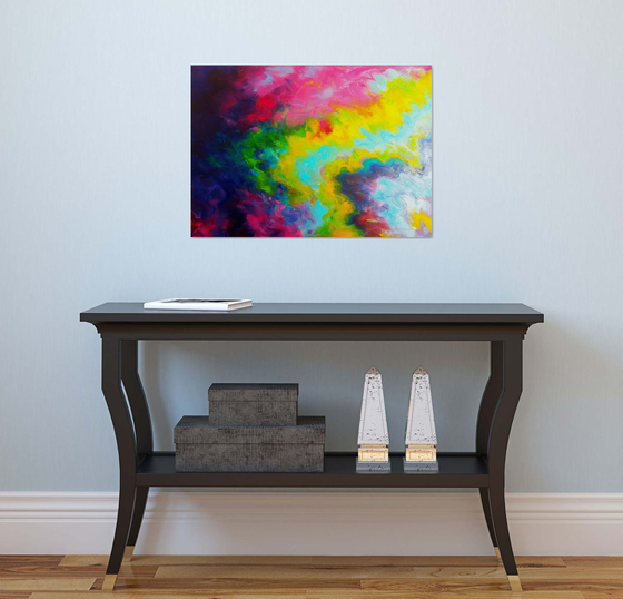 Abstract Art Colourful Expressive Painting Rainbow Waves Blue Pink Yellow Red