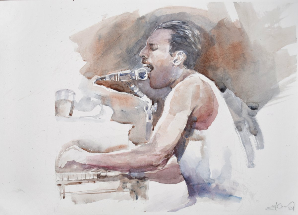 Expressive Portrait Watercolour By Goran Zigolic Watercolors, 28 X 20, Freddie Playing Bohemian Rhapsody, Original Artwork