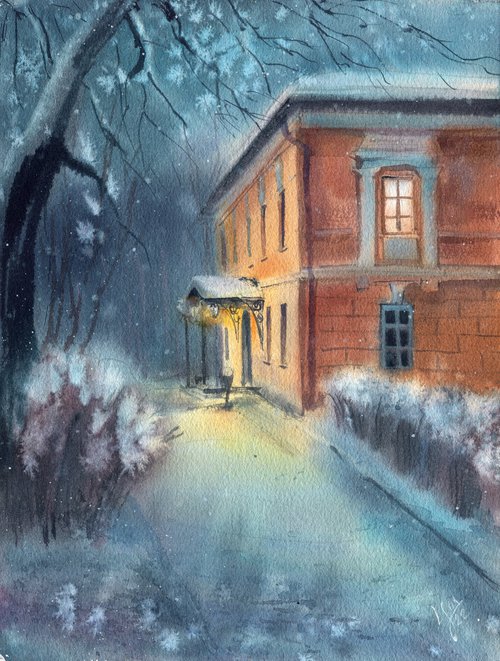 Winter evening near an old house by SVITLANA LAGUTINA