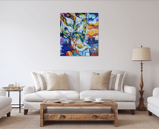 Still life with callas (80x90cm, cubism, oil painting, ready to hang)