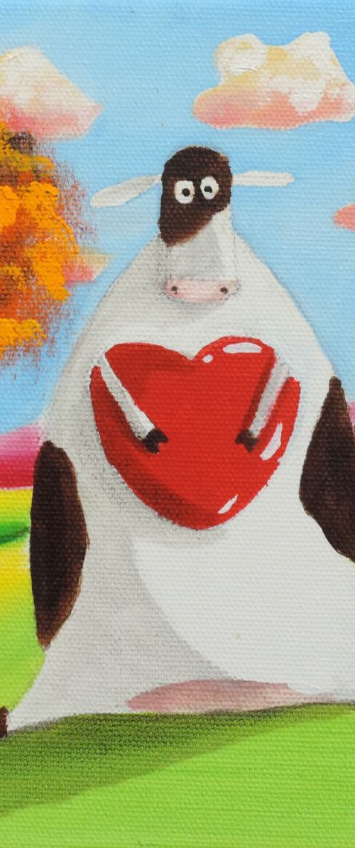Cute cow with a heart folk art 8" x 8" by Gordon Bruce