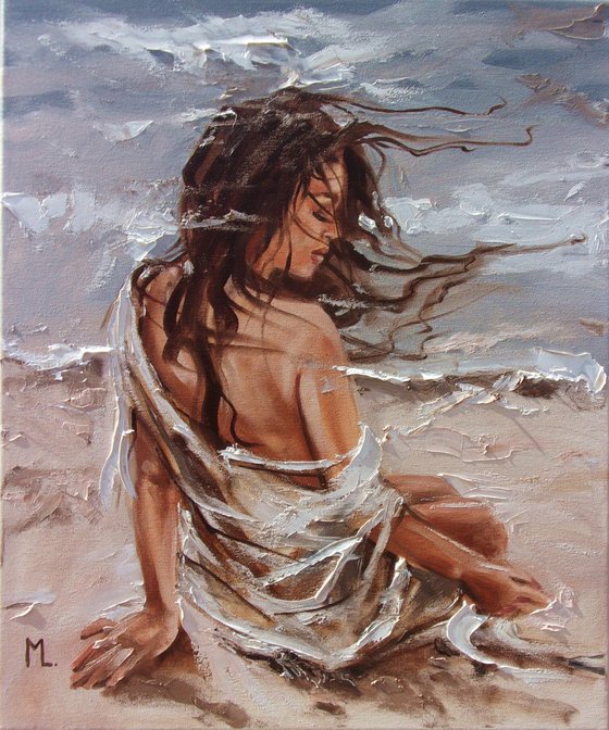 " A DAY "- SKY SEA SAND liGHt  ORIGINAL OIL PAINTING, GIFT, PALETTE KNIFE