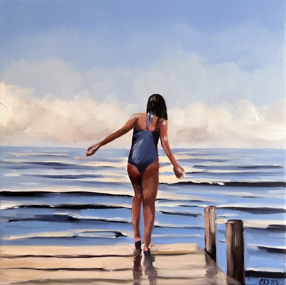 Girl on the Pier - Female Figure in Swimsuit Painting