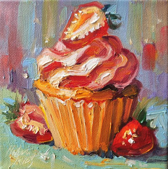 Strawberry Cupcake. Oil Painting.