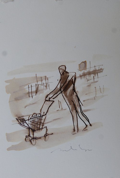 The Supermarket 1, ink on paper 15x21 cm by Frederic Belaubre