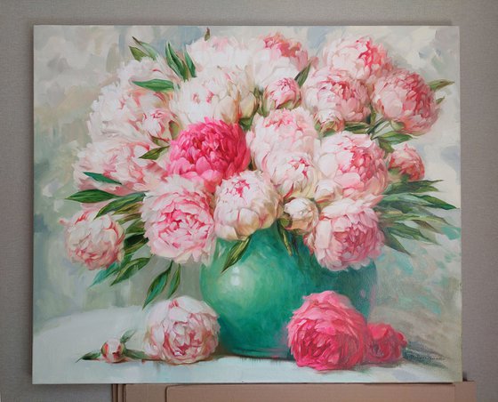 Large floral oil painting original of peony flowers in vase