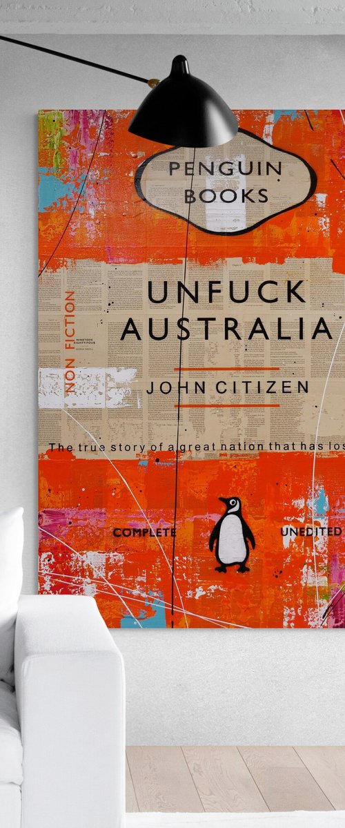 Unfuck Our Land Down Under 140cm x 100cm Unfuck Australia Book Page Textured Urban Pop Art by Franko