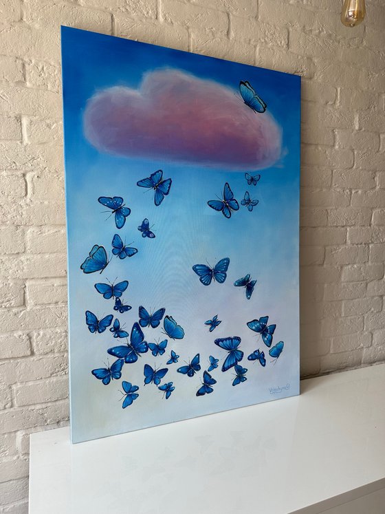 "Butterfly flight to the cloud". Original oil painting XXL