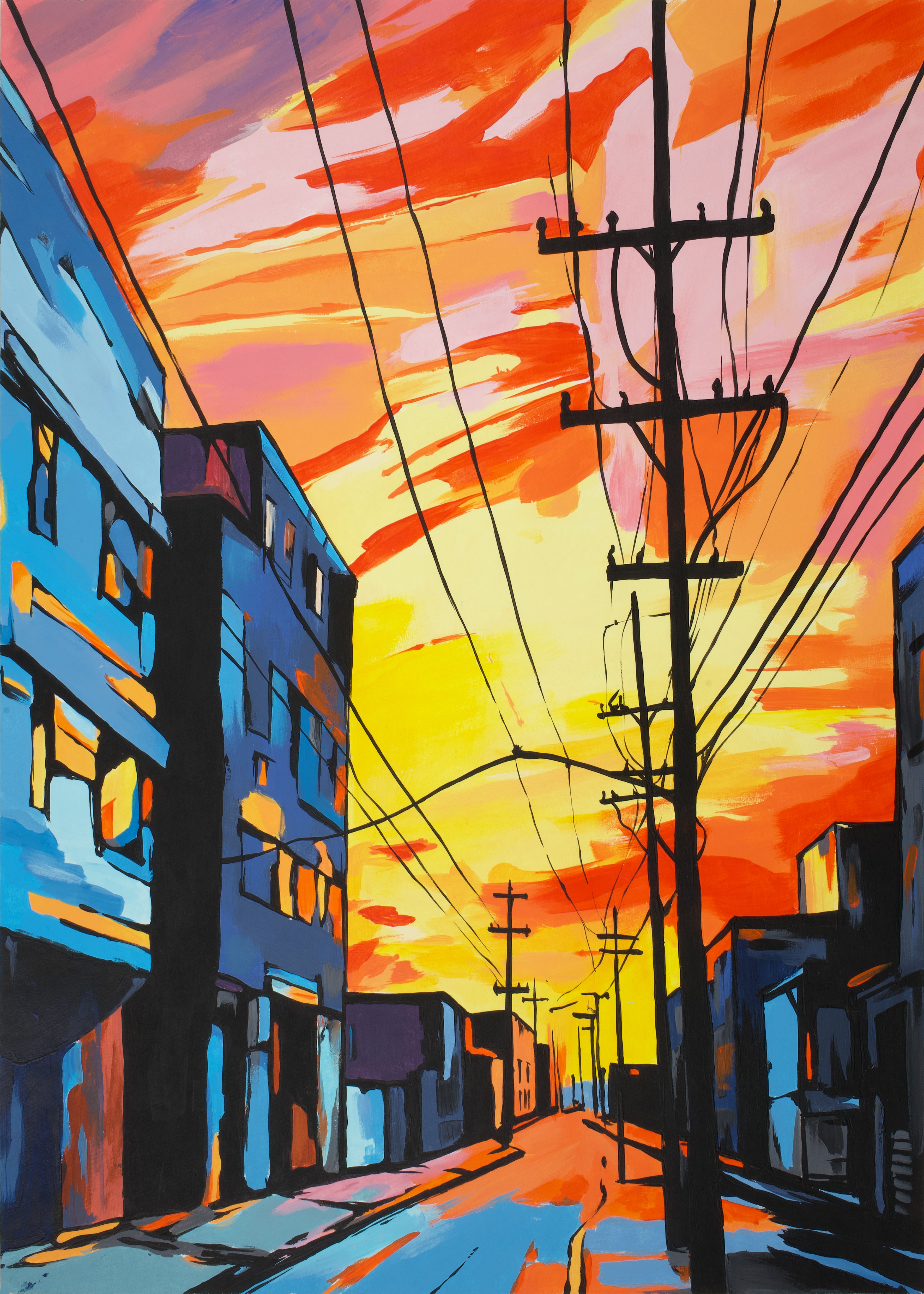 Impressionistic Cityscapes Acrylic Painting By Kosta Morr, 12 X 17", Evening Alley, Original Artwork