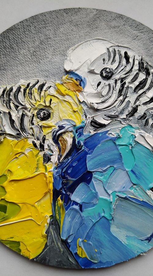 In love - parrots oil painting,parrots, birds love, love, birds, animals oil painting, art bird, impressionism, palette knife, gift. by Anastasia Kozorez