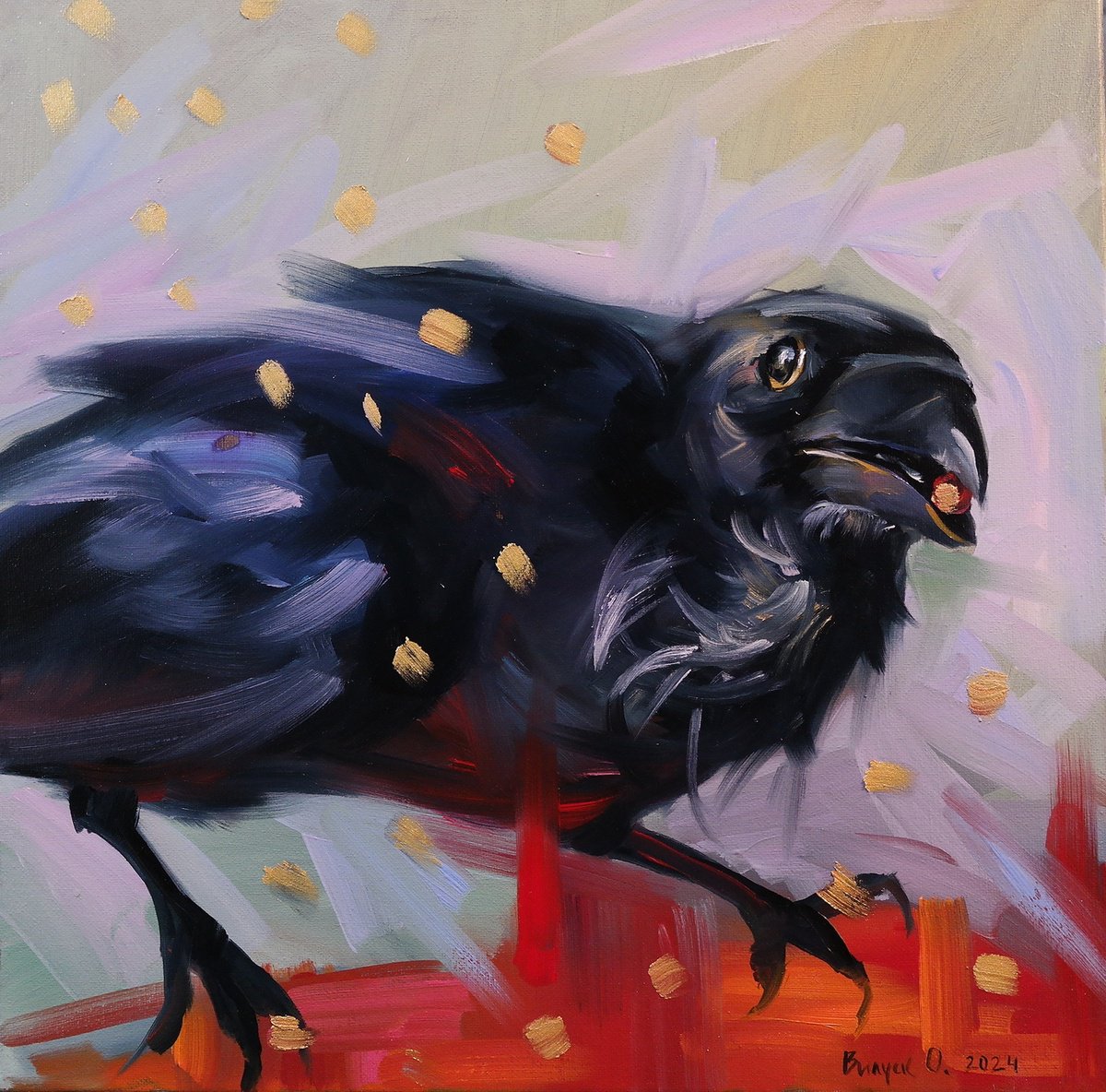 Surrealistic Animal Oil Painting By Lena Vylusk, 16 X 16", "Golden Rain", Original Artwork