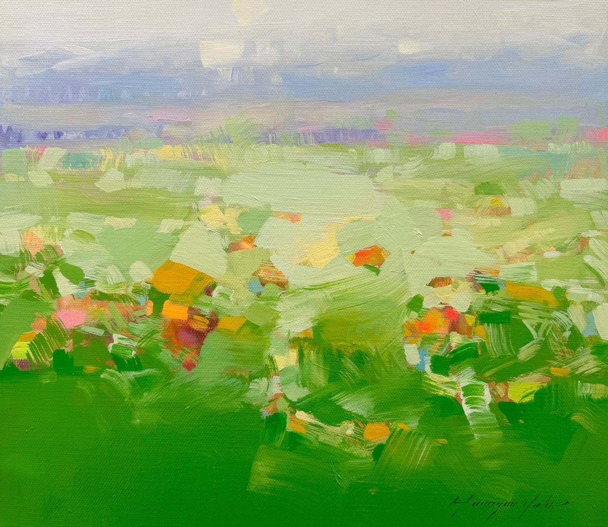 Impressionistic Landscape Oil Painting By Vahe Yeremyan, 17 X 15", Summer Field, Original Artwork