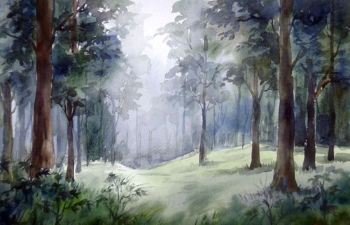 Mysterious Mountain Dense Forest - Watercolor on paper by Samiran Sarkar