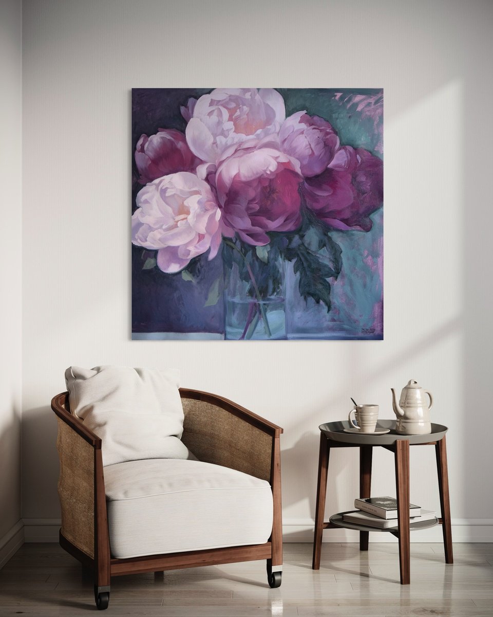 Impressionistic Botanical Oil Painting By Polina Kharlamova, 31 X 31", Peony Bouquet In A Glass Vase, Original Artwork