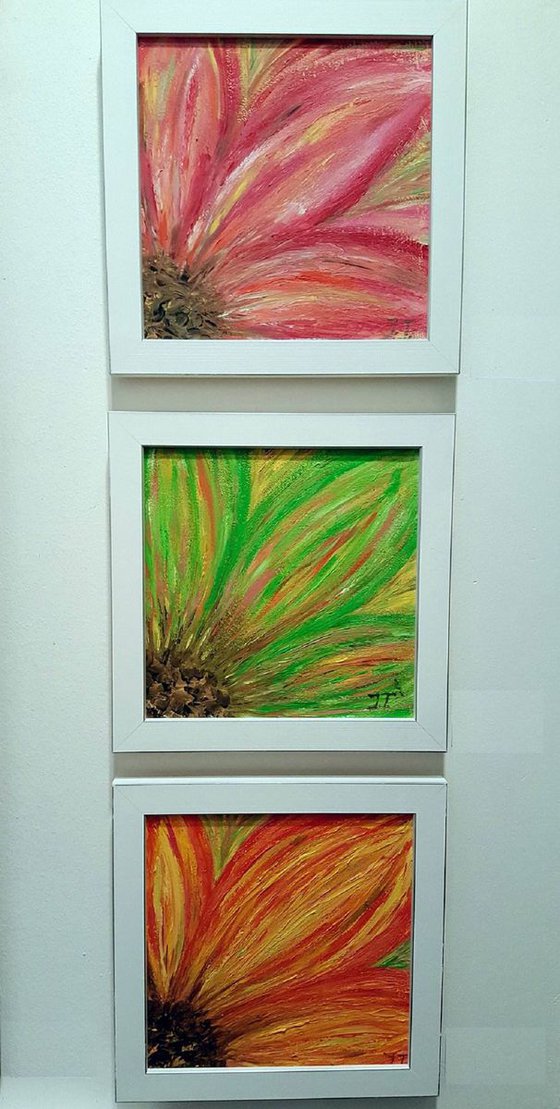 ABSTRACT FLOWERS: PINK, GREEN AND ORANGE | TRIPTYCH | FRAMED
