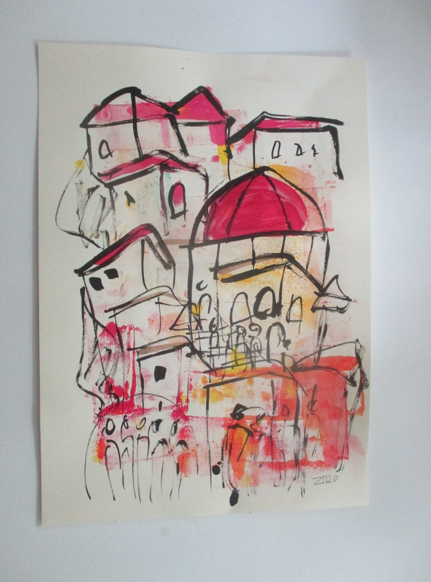 Tuscany sketch 23,6 x 16,5 inch unique mixedmedia drawing by Sonja Zeltner-Muller