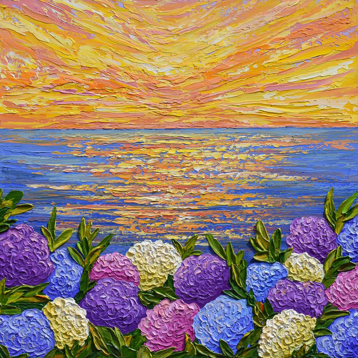 Impressionistic Landscape Acrylic Painting By Olga Tkachyk, 24 X 24", Hydrangeas At Sunset, Original Artwork