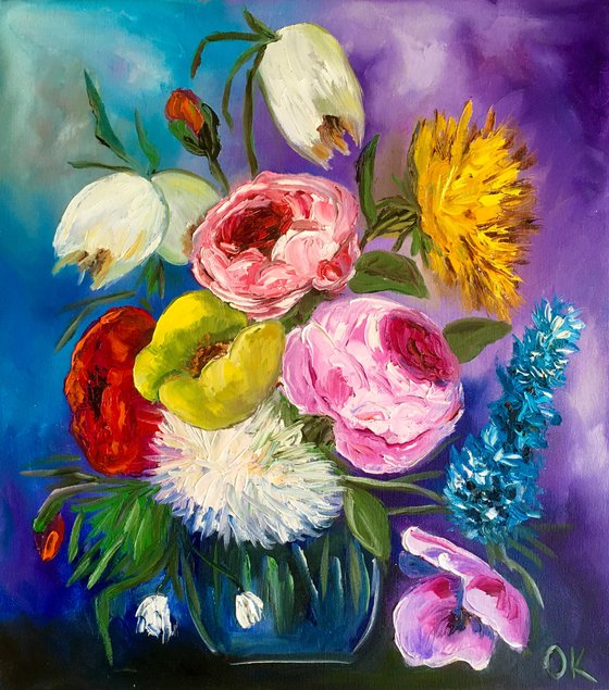 BOUQUET OF SUMMER FLOWERS    palette knife modern Still life Dutch style office home decor gift