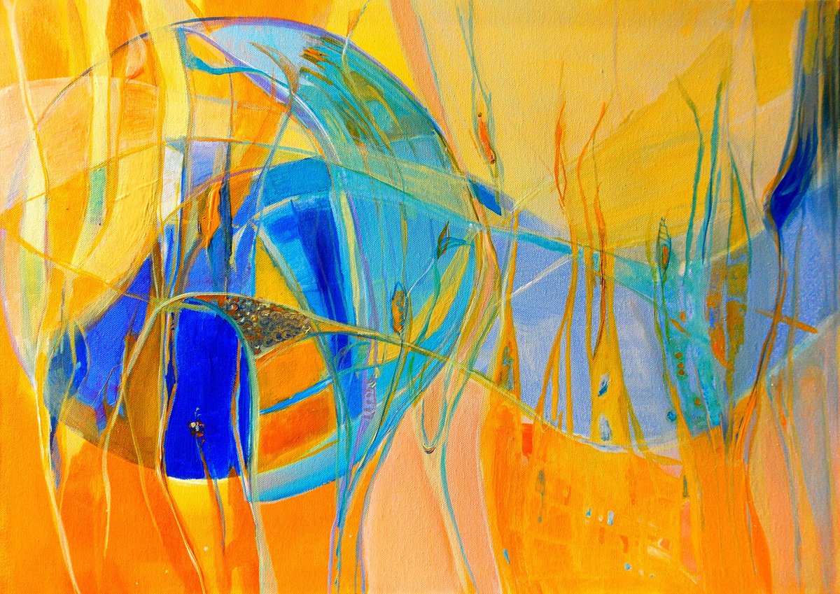 Organic Landscape Acrylic Painting By Maria Paunova, 28 X 20", Sunrise, Original Artwork