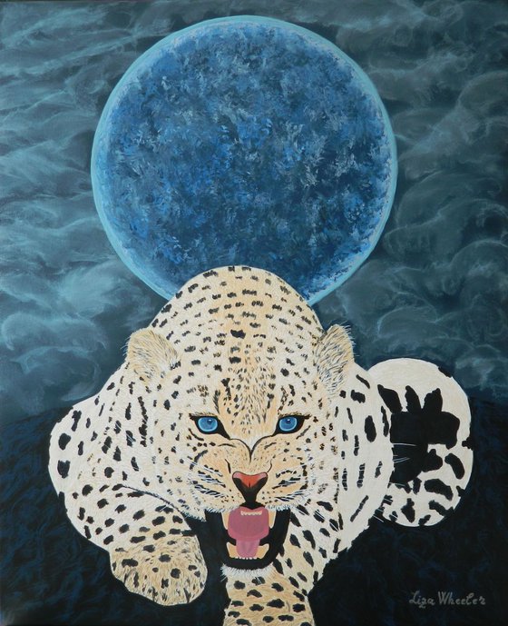 The Protector - Original, unique, contemporary figurative big cat full moon painting