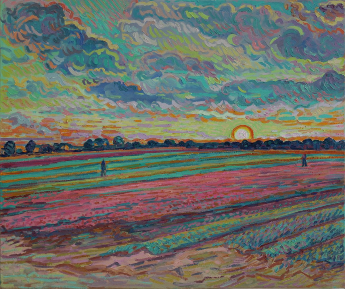 Impressionistic Landscape Oil Painting By Nigel Dickerson, 26 X 22", Tulip Field Sunset, Original Artwork