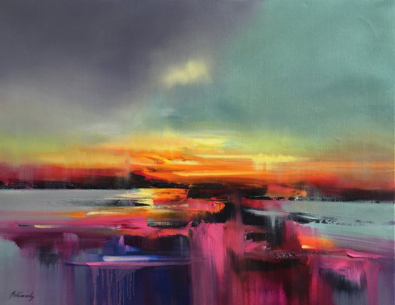 The Bright Side - 70 x 90 cm, abstract landscape oil painting in purple and pink
