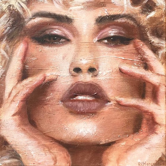 Alexandria | Closeup female face curls curly woman blonde brunette portrait painting oil on canvas framed