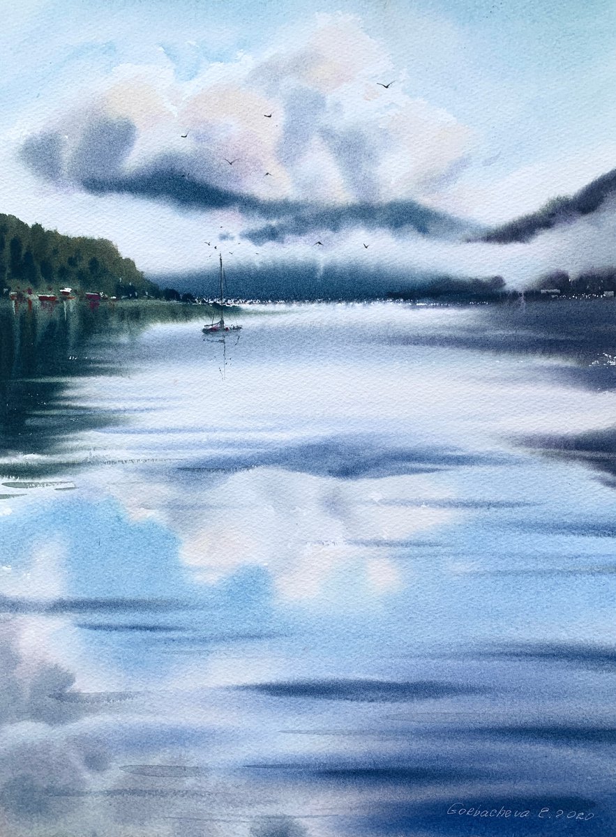 Impressionistic Landscape Watercolour By Eugenia Gorbacheva, 12 X 16, Sailboat And Clouds #6, Original Artwork