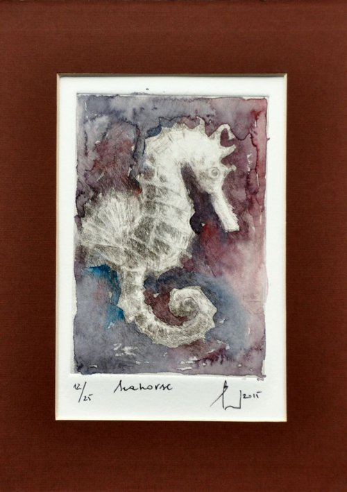 SEAHORSE etching and finishing touch of watercolor (2016) by Beata van Wijngaarden