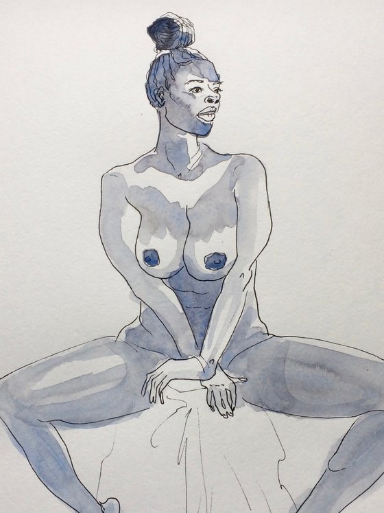 Female nude drawing - Seated nude woman watercolor - Figure study mixed media (2021)