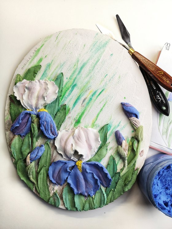 Blue Irises - 3d landscape on an oval panel, 26x32x3 cm