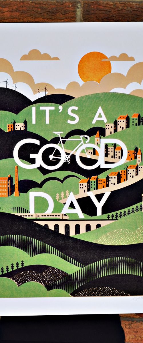 It's A Good Day, Bicycle Art Print With Countryside Landscape by DoodleDuck Designs