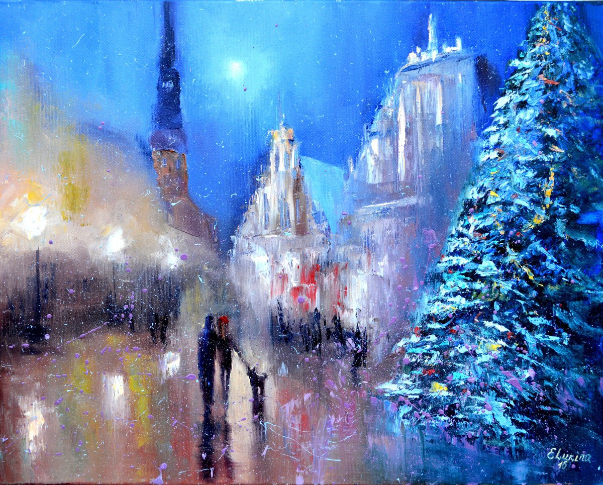 Impressionistic Cityscapes Oil Painting By Elena Lukina, 20 X 16, Christmas Tree At The City Hall Square, Original Artwork