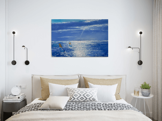 seacape painting on canvas , reflection on water art, sailboat art