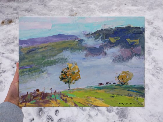 In the mountains | Sunny meadow and morning mist | Cows | Moments of autumn | Original oil painting