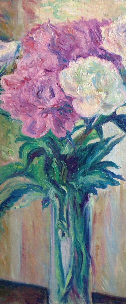 Peonies in a tall vase by Alexander Shvyrkov