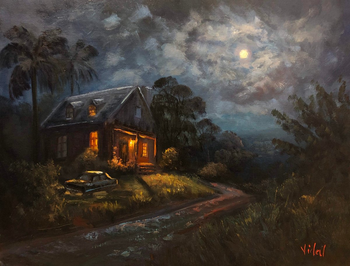 Impressionistic Landscape Oil Painting By Christopher Vidal, 18 X 14, Moonlit Reflection, Original Artwork
