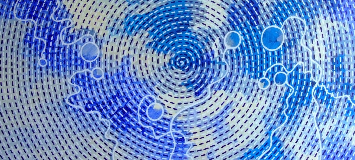 Abstract Acrylic Painting By Marina Krylova, 35 X 16", Blue Wellsprings, Original Artwork