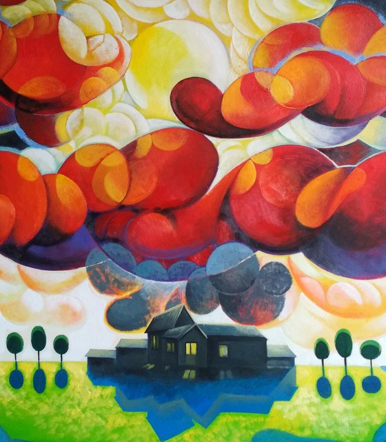 Sunset (80x90cm, cubism, oil painting, ready to hang)
