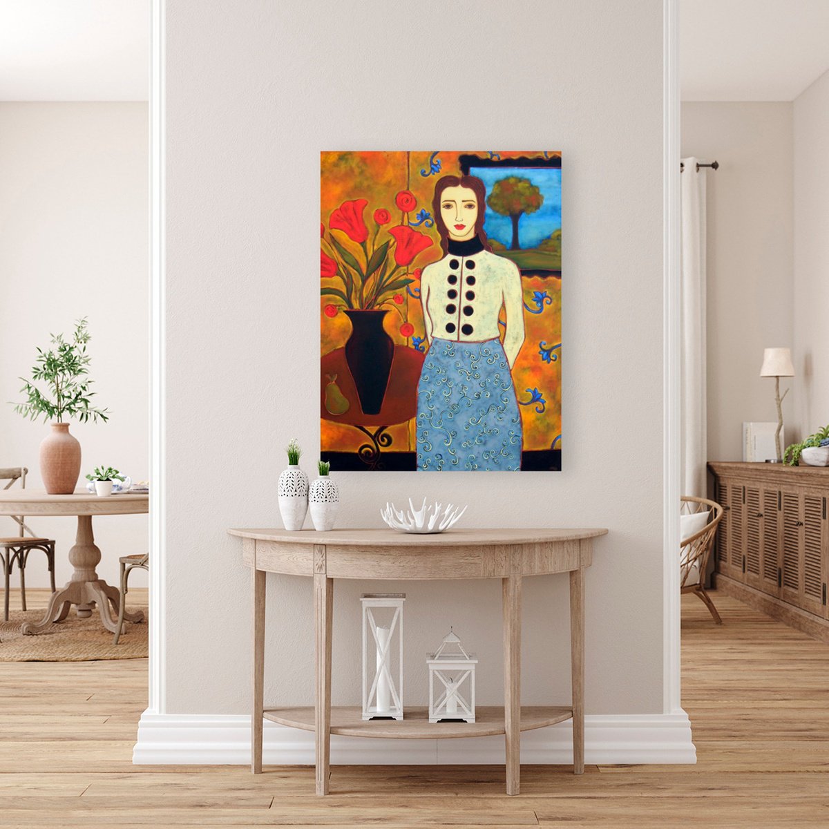 Impressionistic Portrait Oil Painting By Karen Rieger, 30 X 40", Woman With Tulips And Landscape, Original Artwork