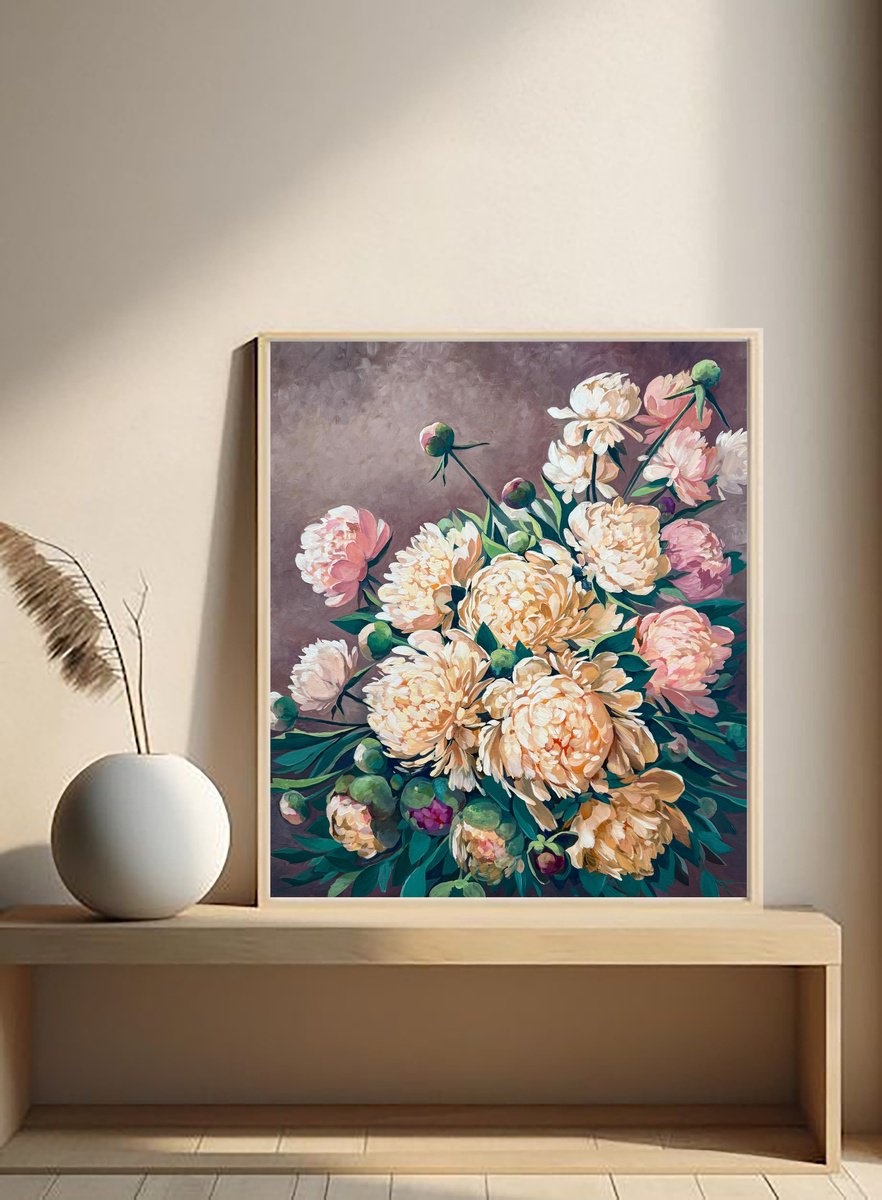 Impressionistic Botanical Oil Painting By Natalia Yampolskaia, 28 X 31", Peonies, Original Artwork