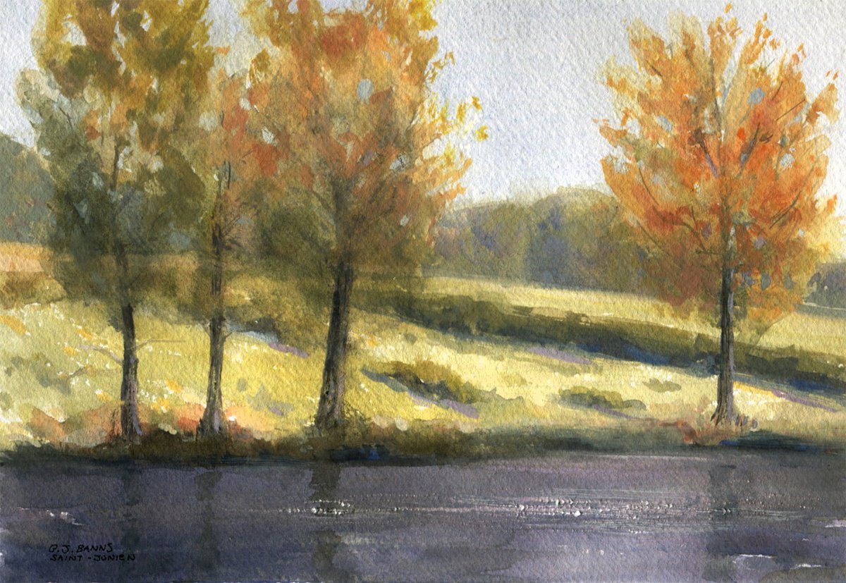 Autumn trees by the river. The fall watercolor painting by Gav Banns