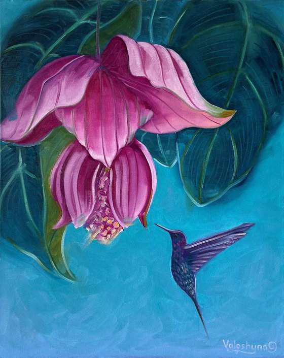 Flower and hummingbird. Oil painting, original art