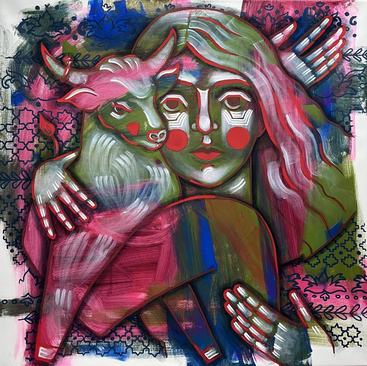 Naive Portrait Acrylic Painting By Yuliia Chaika, 24 X 24", The Spanish Side Of Me, Original Artwork